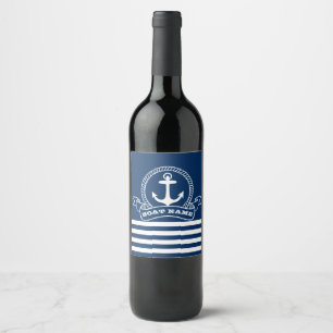 Étiquette Pour Bouteilles De Vin Ancre nautique rayée bleu marine