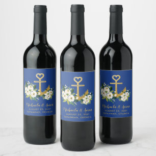 Étiquette Pour Bouteilles De Vin Ancre or Mariage floral nautique