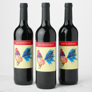 Étiquette Pour Bouteilles De Vin Animal coloré d'aquarelle de coq