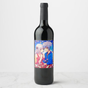 Étiquette Pour Bouteilles De Vin Anime Couple Love Fleurs et Coeurs