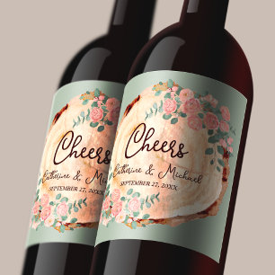 Étiquette Pour Bouteilles De Vin Anneaux d'écorce en bois rustique Aquarelle rose R