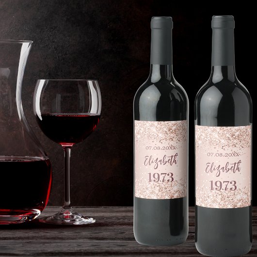 Étiquette Pour Bouteilles De Vin Anniversaire fête année rose confetti d'or