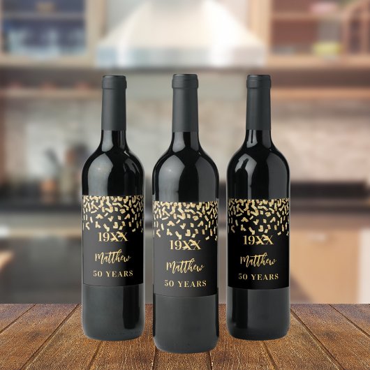 Étiquette Pour Bouteilles De Vin Anniversaire fête Noir confetti nom années