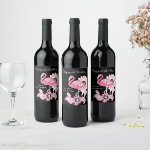 Étiquette Pour Bouteilles De Vin Anniversaire Flamant Rose Noir Moderne Fantaisiste