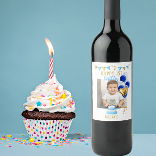 Étiquette Pour Bouteilles De Vin Anniversaire Garçon Un An Photo Bleu Ballon Doré M