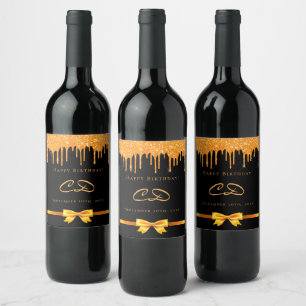 Étiquette Pour Bouteilles De Vin Anniversaire noir glitter goutte monogramme initia