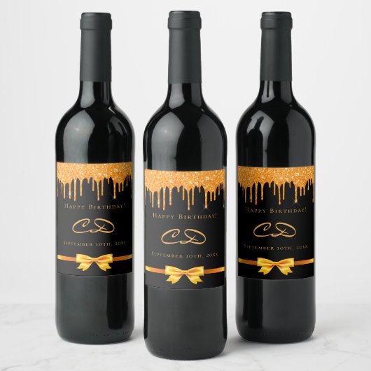 Étiquette Pour Bouteilles De Vin Anniversaire noir glitter goutte monogramme initia (Bouteilles)
