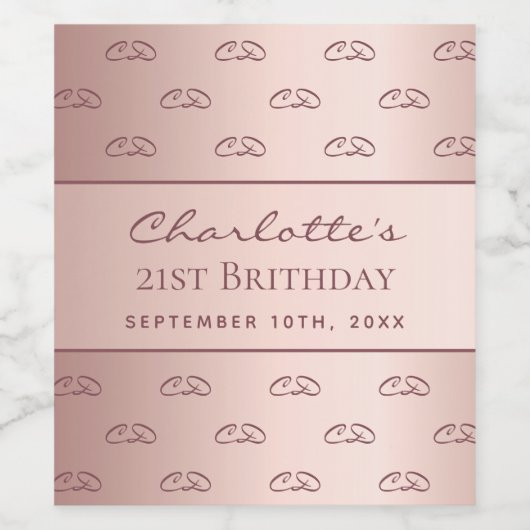 Étiquette Pour Bouteilles De Vin Anniversaire rose or monogramme initiales script (Étiquettes simples)