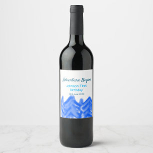 Étiquette Pour Bouteilles De Vin Aqua blue Adventure commence 1er anniversaire mont