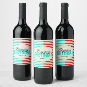 Étiquette Pour Bouteilles De Vin Aqua et Red Happy Birthday