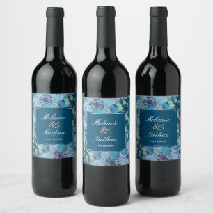 Étiquette Pour Bouteilles De Vin Aquarelle bleu marine et bleu clair Floral Élégant