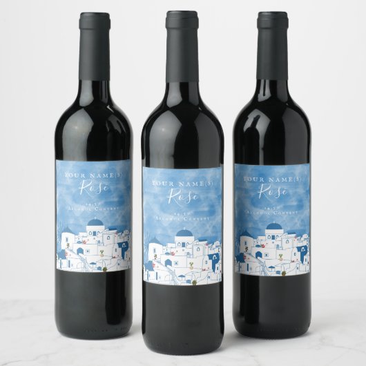 Étiquette Pour Bouteilles De Vin Aquarelle bleue et blanche Santorini Grèce Mariage (Bouteilles)