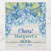Étiquette Pour Bouteilles De Vin Aquarelle Blue Hydrangea 80e anniversaire (Étiquettes simples)