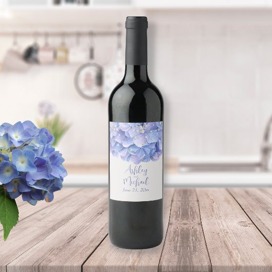Étiquette Pour Bouteilles De Vin Aquarelle Blue Hydrangea Mariages invités Cadeaux