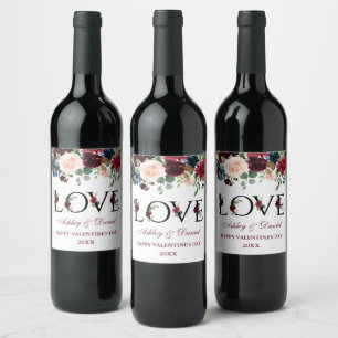 Étiquette Pour Bouteilles De Vin Aquarelle Bourgogne Mixte Floral Valentine's Love