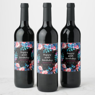 Étiquette Pour Bouteilles De Vin Aquarelle chic Floral 40e Joyeux Anniversaire noir