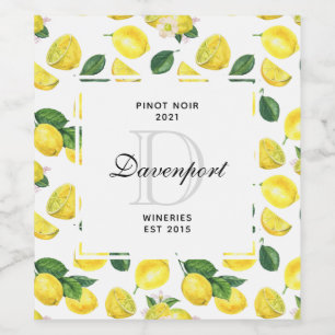 Étiquette Pour Bouteilles De Vin Aquarelle de citrons jaune Motif de fruits