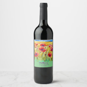 Étiquette Pour Bouteilles De Vin aquarelle du champ de pavot écarlate brillant