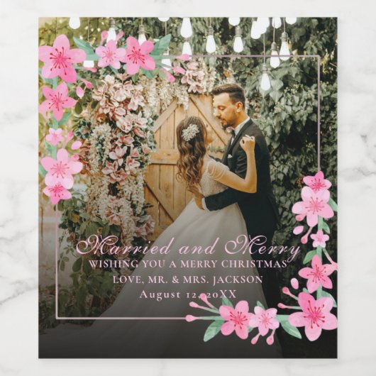 Étiquette Pour Bouteilles De Vin Aquarelle Élégante 1 Photo Noël Flat Blush (Étiquettes simples)