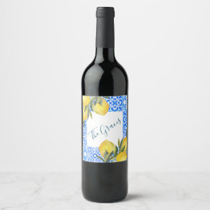 Étiquette Pour Bouteilles De Vin Aquarelle en mosaïque toscane avec citron