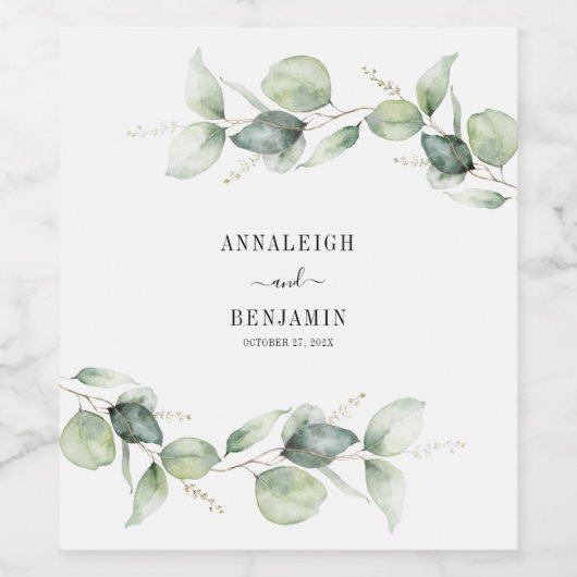 Étiquette Pour Bouteilles De Vin Aquarelle Eucalyptus Feuille Mariage vert (Étiquettes simples)