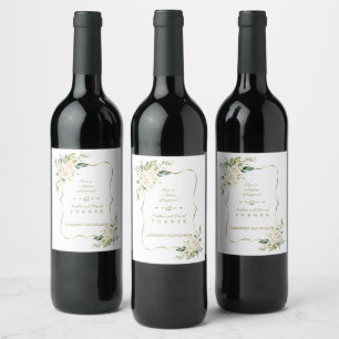 Étiquette Pour Bouteilles De Vin Aquarelle Fleurs blanches Mariage cadre or