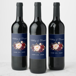 Étiquette Pour Bouteilles De Vin Aquarelle Floral Bourgogne Mariage bleu