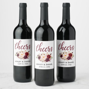 Étiquette Pour Bouteilles De Vin Aquarelle Floral Bourgogne Mariage Cheveux