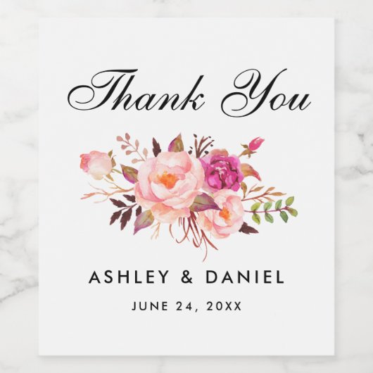 Étiquette Pour Bouteilles De Vin Aquarelle Floral rose Mariage (Étiquettes simples)