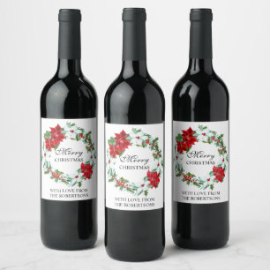 Étiquette Pour Bouteilles De Vin Aquarelle Houx Couronne de Noël au poinsettia