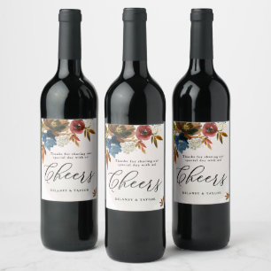 Étiquette Pour Bouteilles De Vin Aquarelle marine et rouille Boho Floral, Mariage