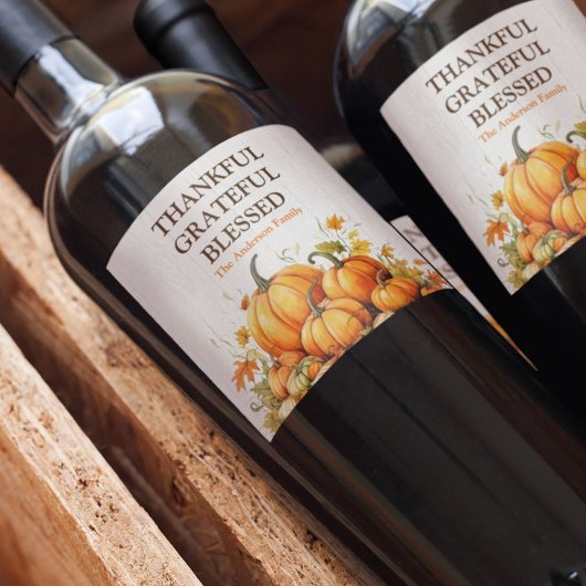 Étiquette Pour Bouteilles De Vin Aquarelle mignonne Citrouilles Merci Grateful béni