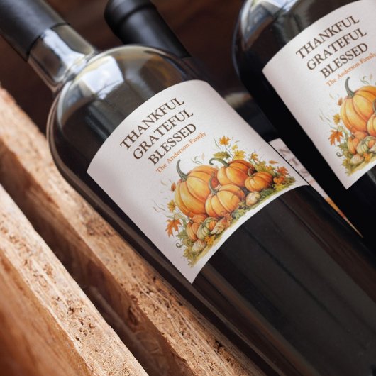 Étiquette Pour Bouteilles De Vin Aquarelle mignonne Citrouilles Merci Grateful béni
