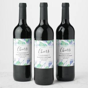Étiquette Pour Bouteilles De Vin Aquarelle moderne Bleu Vert Feuille Mariage