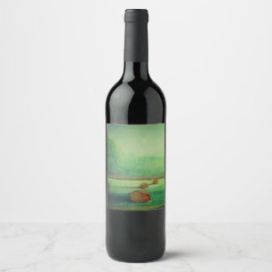 Étiquette Pour Bouteilles De Vin Aquarelle pâturage doux paysage champs de foin