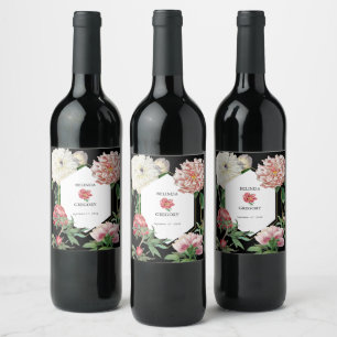 Étiquette Pour Bouteilles De Vin Aquarelle Peonies rose Fleurs Mariage Noir