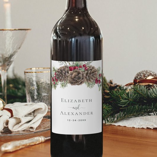 Étiquette Pour Bouteilles De Vin Aquarelle Pine d'hiver Berries Mariage de Noël