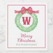 Étiquette Pour Bouteilles De Vin Aquarelle Polka Rouge Pot Bow Monogramme Wreath (Étiquettes simples)