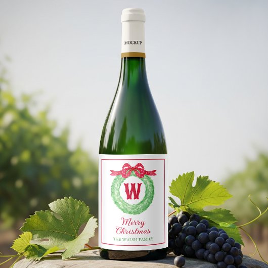 Étiquette Pour Bouteilles De Vin Aquarelle Polka Rouge Pot Bow Monogramme Wreath