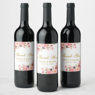 Étiquette Pour Bouteilles De Vin Aquarelle rose bleu Mariage or Floral