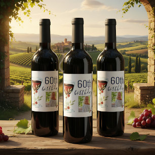 Étiquette Pour Bouteilles De Vin Aquarelle Rose de vin rouge Photo 60e anniversaire