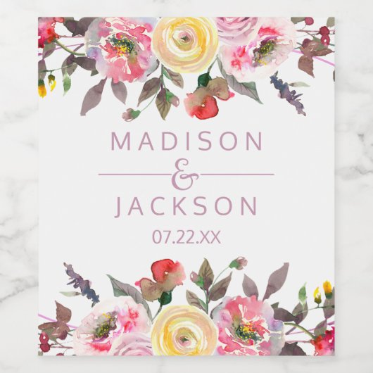 Étiquette Pour Bouteilles De Vin Aquarelle Rose douce Mariage Floral Monogramme (Étiquettes simples)