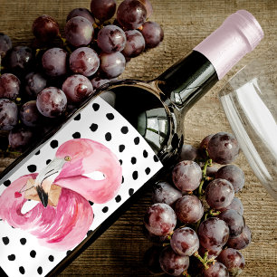 Étiquette Pour Bouteilles De Vin Aquarelle rose exotique moderne Flamant rose & poi
