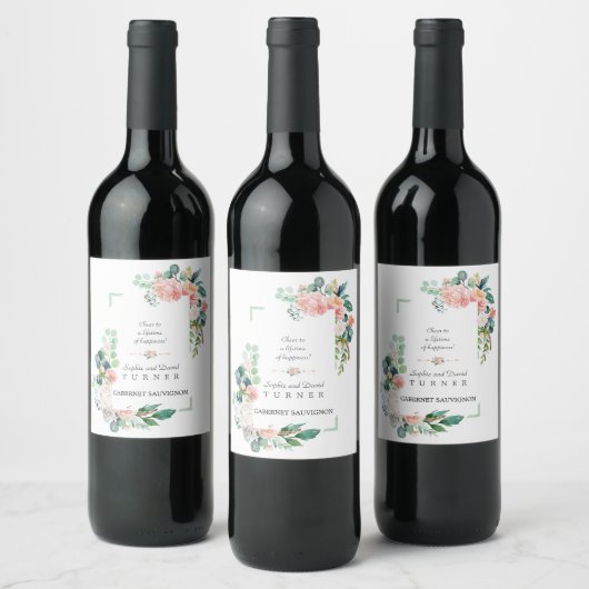 Étiquette Pour Bouteilles De Vin Aquarelle rose Fleurs blanches Mariage cadre vert (Bouteilles)