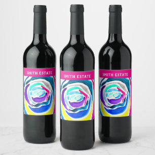 Étiquette Pour Bouteilles De Vin Aquarelle rose pop art bleu