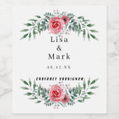 Étiquette Pour Bouteilles De Vin Aquarelle Rose Rose Vert Mariage de feuillage (Étiquettes simples)