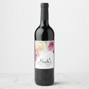 Étiquette Pour Bouteilles De Vin Aquarelle Roses Roses et Blanc Élégant Shower de M