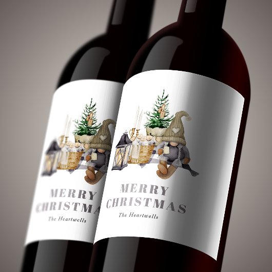 Étiquette Pour Bouteilles De Vin Aquarelle Rustique Gnome Joyeux Noël