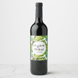 Étiquette Pour Bouteilles De Vin Aquarelle Tropical Feuille mariage monogramme