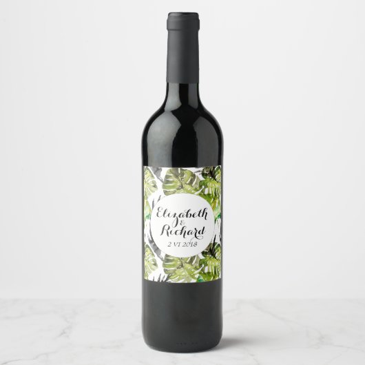Étiquette Pour Bouteilles De Vin Aquarelle Tropical Feuille mariage monogramme (Devant)